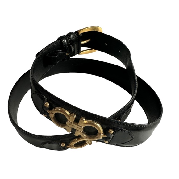 SALVATORE FERRAGAMO Black Leather Gold Gancini Women Belt Made in Italy 34 main image 6